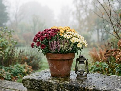 Pots de chrysanthèmes blancs, jaunes et bordeaux avec de la bruyère, posés sur une pierre dans la brume du matin